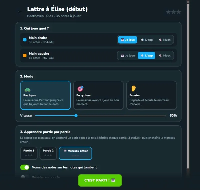 Réglages d'un morceau importé