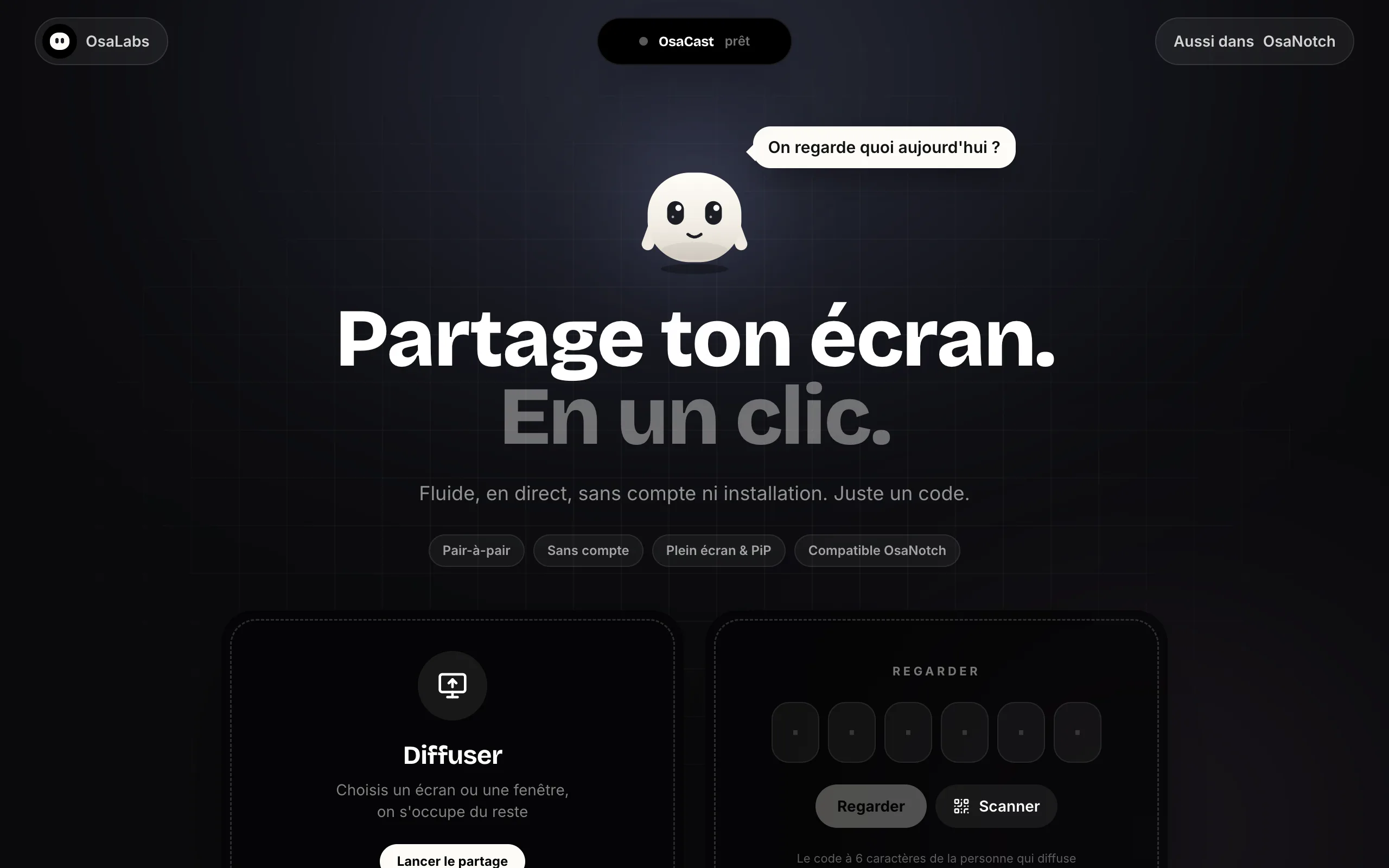 Accueil d'OsaCast avec la mascotte