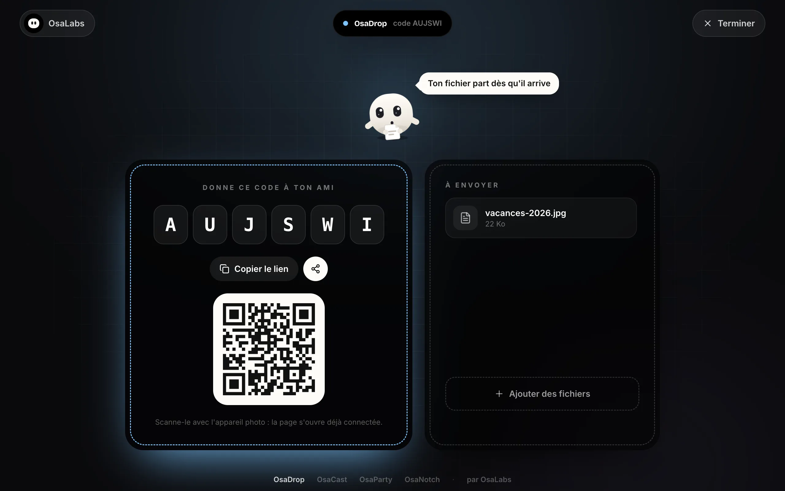 OsaDrop affiche un code à 6 caractères, un QR code et la liste des fichiers à envoyer