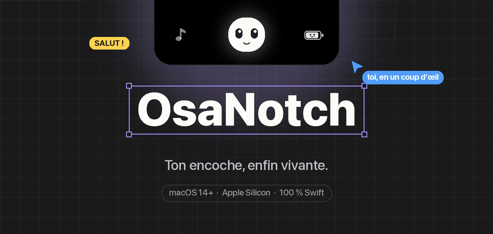 Bannière d'OsaNotch : la mascotte dans l'encoche